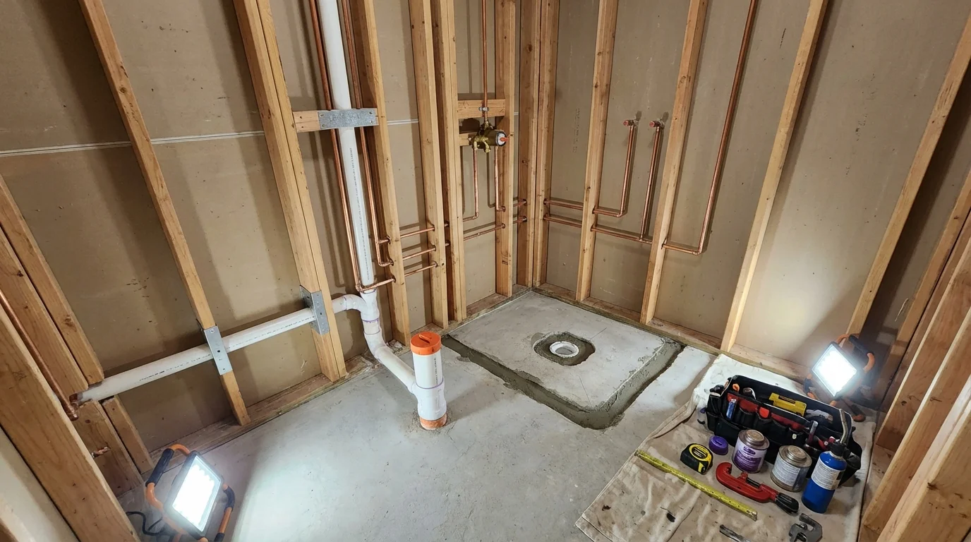 Bathroom rough-in plumbing during remodel by Johns Plumbing LLC in Henryville
