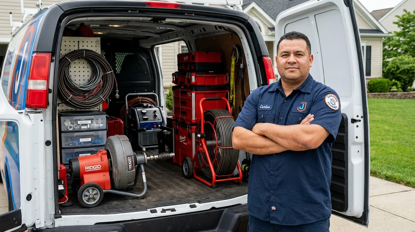 Professional drain cleaning equipment and Johns Plumbing LLC plumber in Henryville