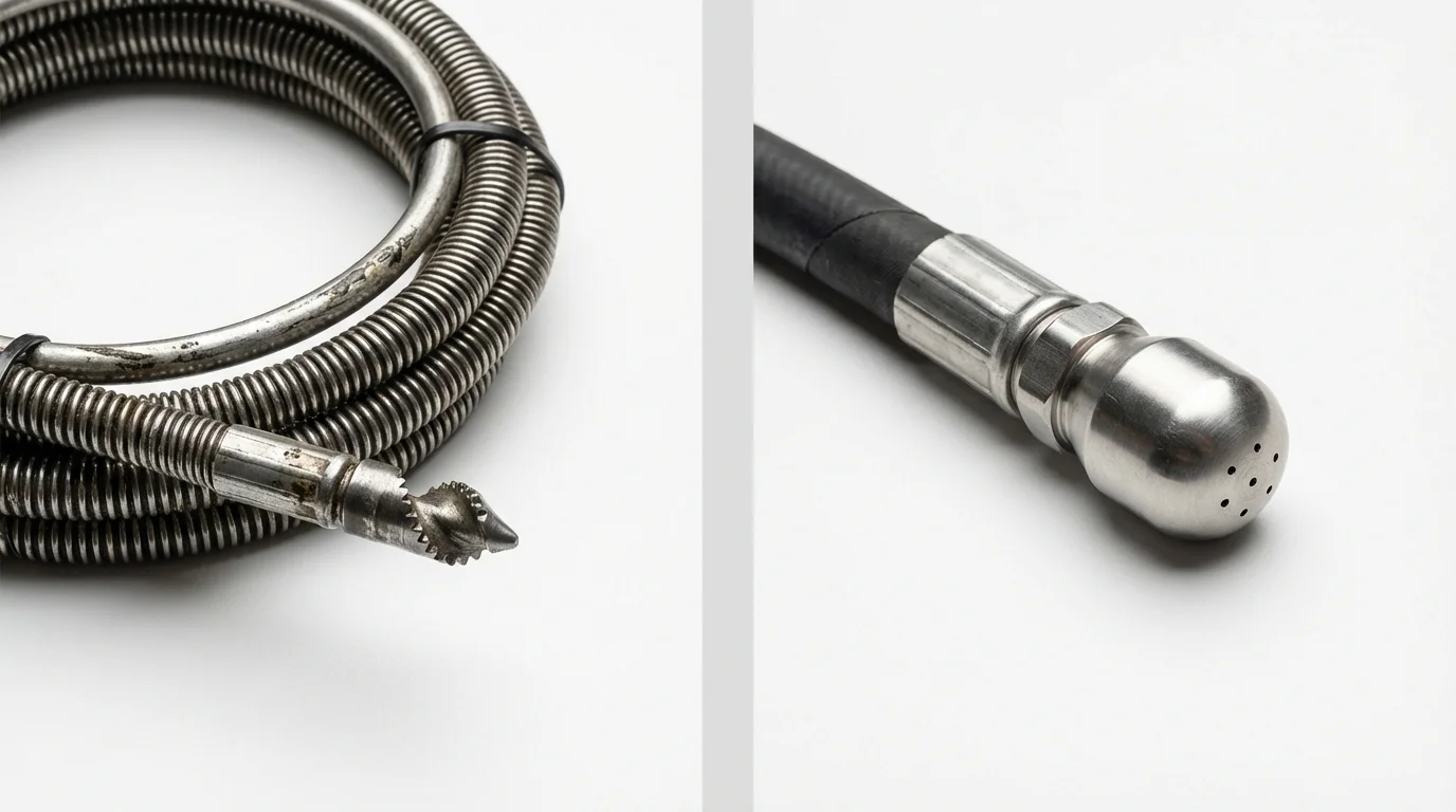 Drain snake cable and hydro jetting nozzle used for drain cleaning in Henryville, IN