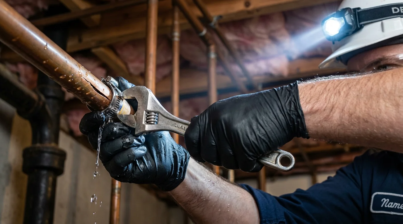 Emergency pipe clamp repair being performed by a Johns Plumbing LLC plumber in Henryville