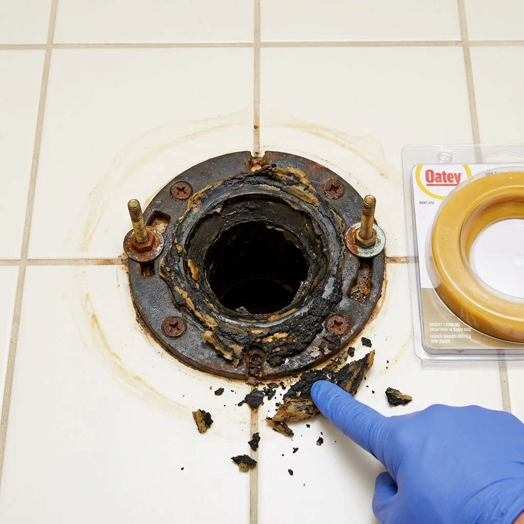 Failed wax ring showing water seepage at the base of a toilet in a Henryville, IN home