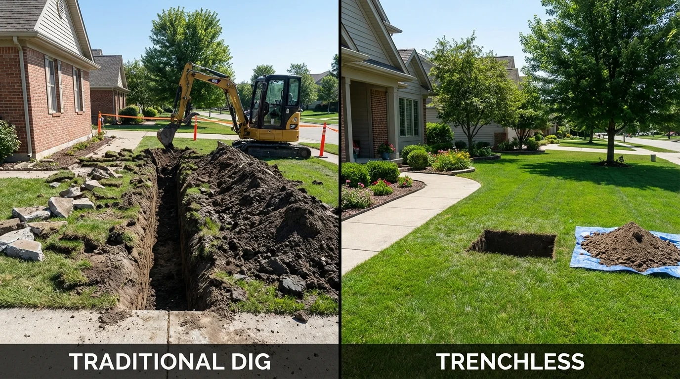 Trenchless sewer repair with minimal yard damage versus traditional excavation in Henryville, IN