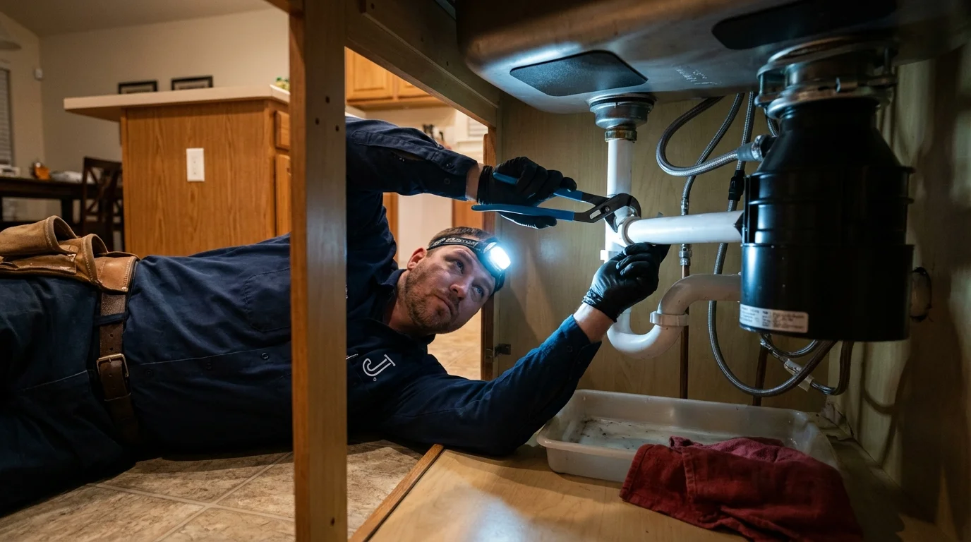 P-trap and supply line connections under a kitchen sink showing a common leak point in Henryville, IN
